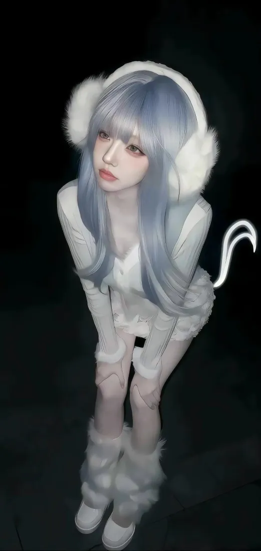 蓝发猫系美女手机壁纸｜黑色背景图片 - 毛绒耳罩白色穿搭「哲风壁纸」