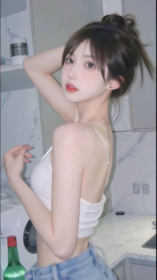 丸子头清纯美女手机壁纸｜居家厨房背景图片 - 气质养眼「哲风壁纸」
