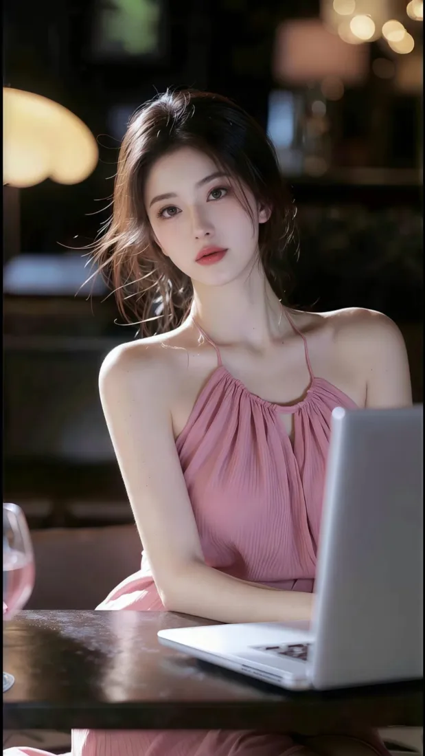 粉色吊带美女手机壁纸｜咖啡馆办公背景图片 - 温柔气质人像「哲风壁纸」