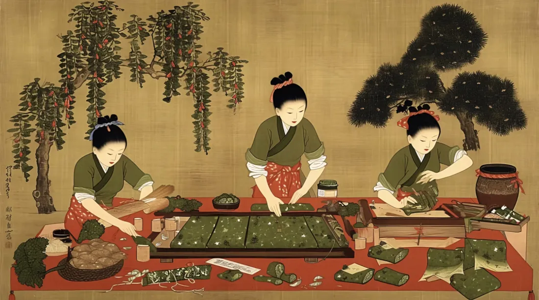 5k古代仕女壁纸｜端午包粽民俗背景图片 - 国风传统绘画「哲风壁纸」