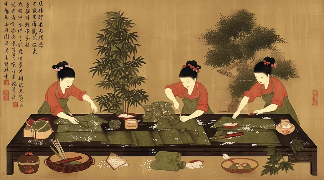 5k古风仕女包粽壁纸｜端午民俗背景图片 - 国风传统绘画「哲风壁纸」