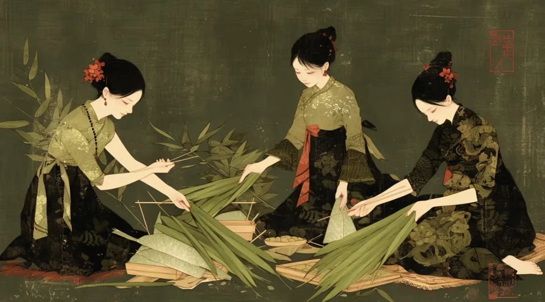 5k端午节仕女壁纸｜古风包粽背景图片 - 国风传统绘画「哲风壁纸」