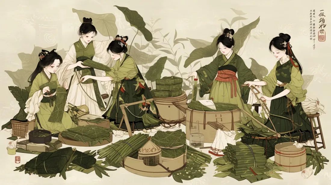 5k古风仕女壁纸｜端午节包粽背景图片 - 传统民俗绘画「哲风壁纸」