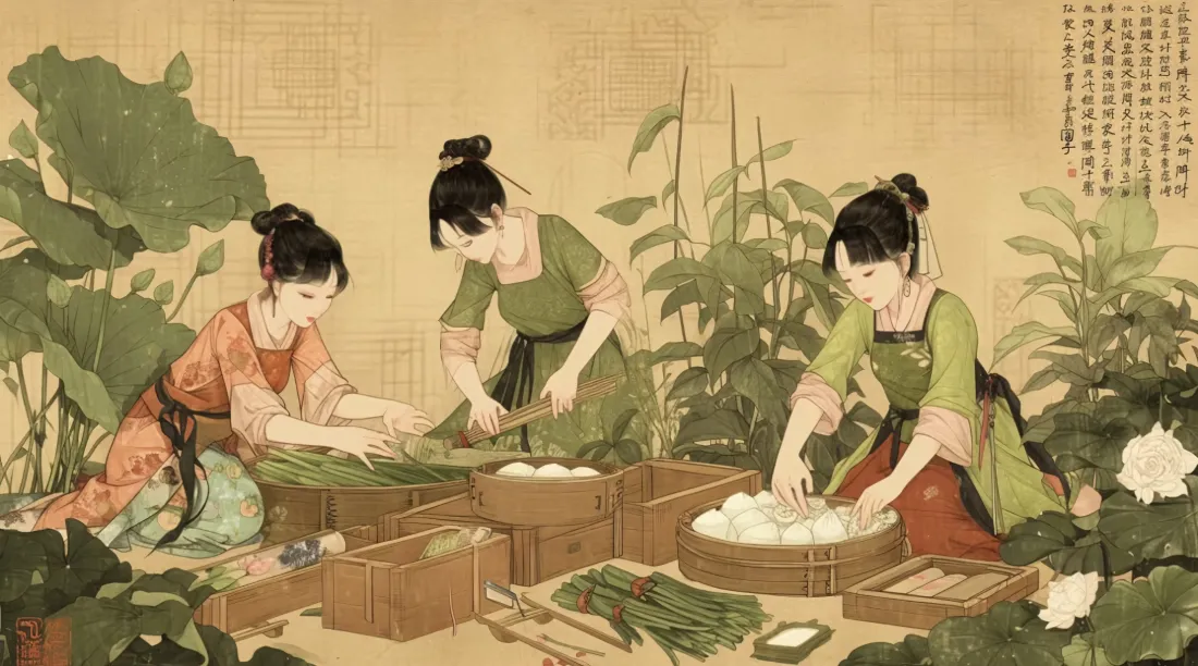 5k端午节仕女包粽壁纸｜古风民俗背景图片 - 手绘国风插画「哲风壁纸」
