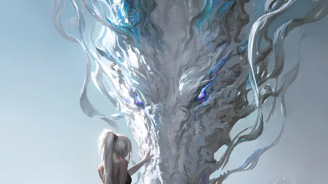 2k白发少女与冰白龙壁纸｜淡蓝天空背景图片 - 二次元插画「哲风壁纸」