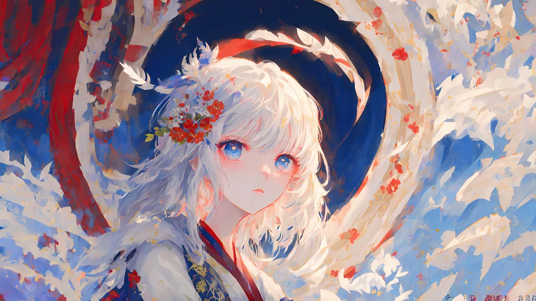 2k白花白发少女壁纸｜羽毛花卉背景图片 - 二次元插画「哲风壁纸」