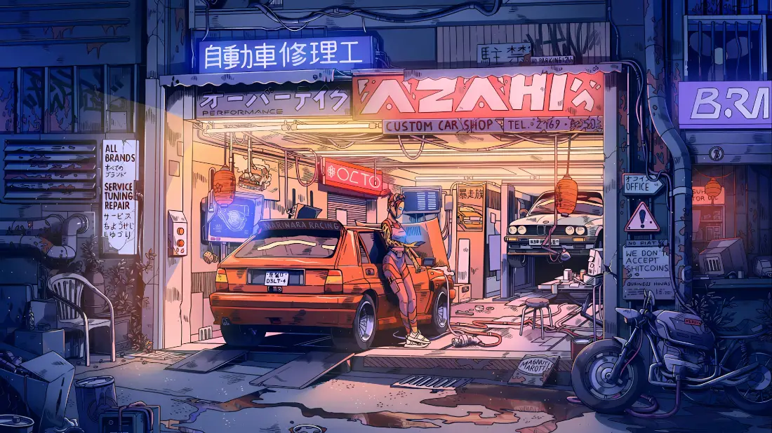 2k动漫汽修厂壁纸｜夜晚街道背景图片 - 暖光霓虹店面「哲风壁纸」