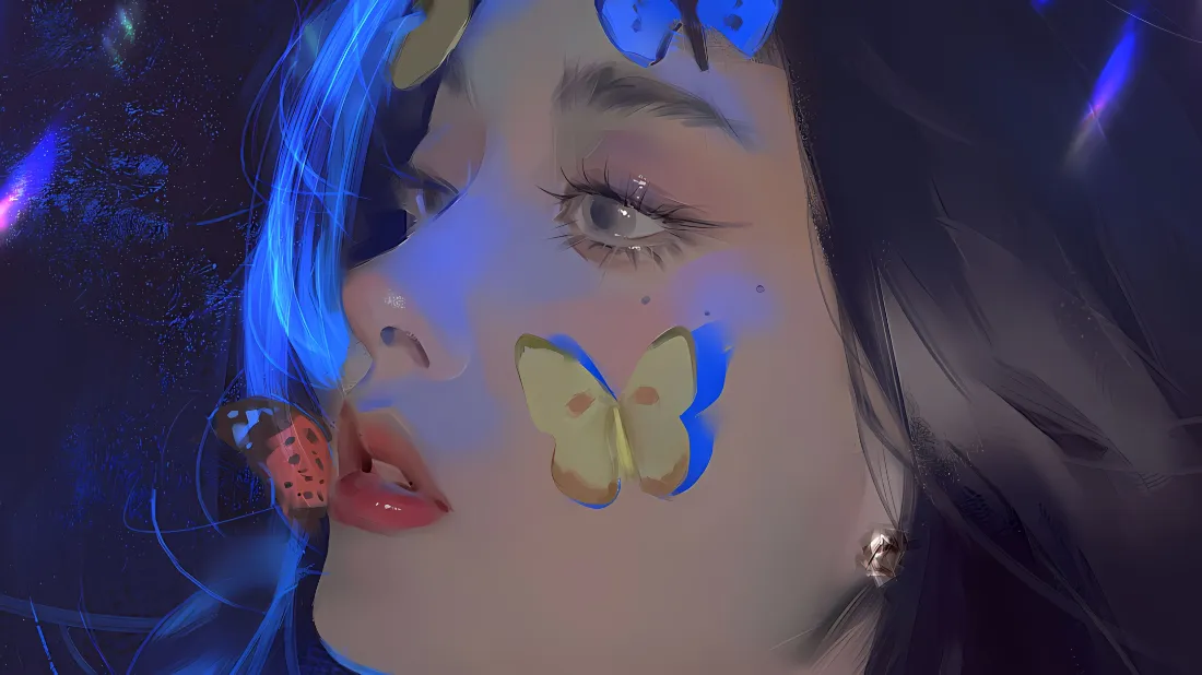 2k蝴蝶油画少女壁纸｜蓝发动漫侧脸背景图片 - 氛围感光影「哲风壁纸」