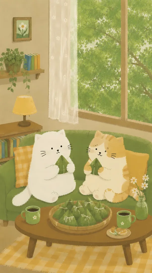 猫伴食粽手机壁纸｜居家闲夏背景图片 - 治愈可爱猫咪「哲风壁纸」