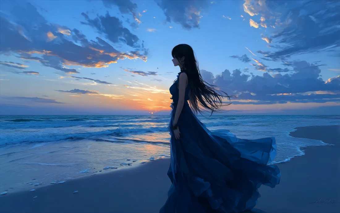 4k海边长裙少女壁纸｜碧海日落背景图片 - 清冷孤寂剪影「哲风壁纸」