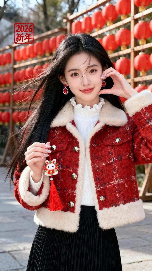 甜美红衣美女手机壁纸｜新年红灯笼背景图片 - 毛绒外套穿搭「哲风壁纸」