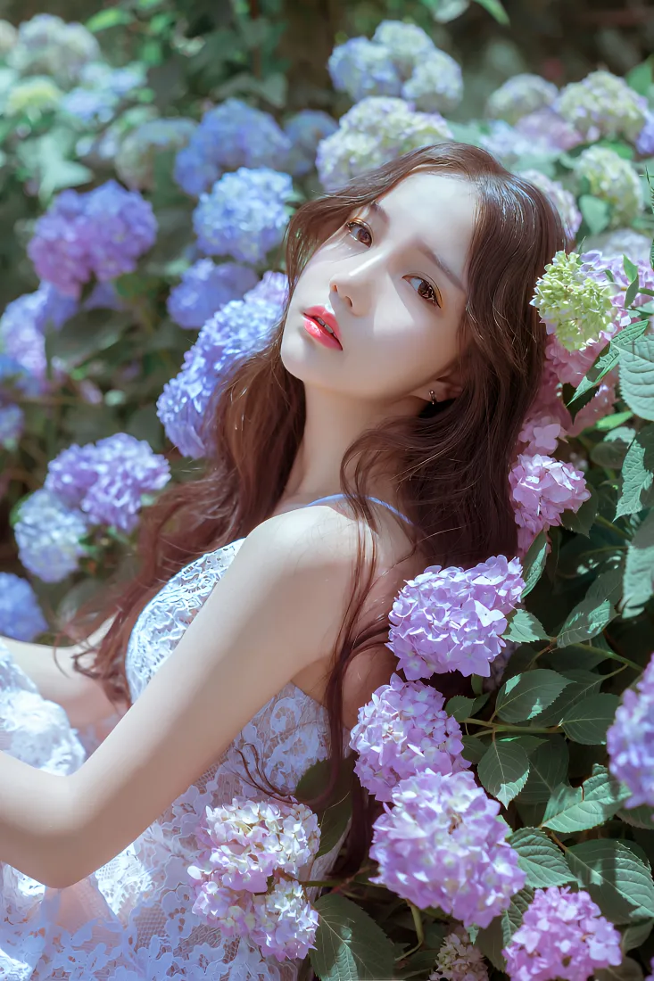 美少女手机壁纸｜绣球花海背景图片 - 户外清新人像写真「哲风壁纸」