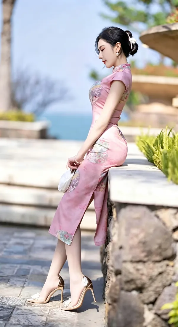 粉色旗袍美女手机壁纸｜海边度假背景图片 - 气质优雅时尚人像「哲风壁纸」