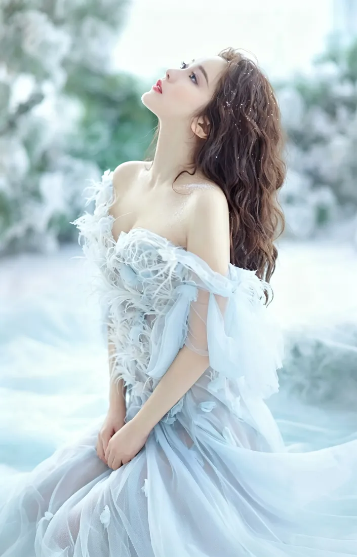 卷发美女手机壁纸｜冬日雪景背景图片 - 白裙氛围感写真「哲风壁纸」