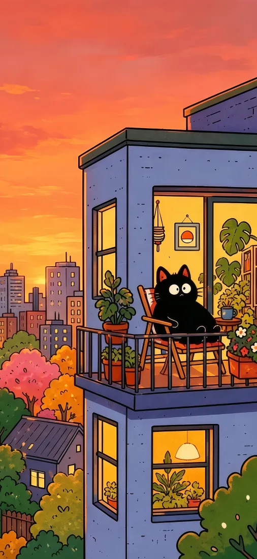 卡通黑猫手机壁纸｜黄昏城市阳台绿植背景图片 - 治愈插画「哲风壁纸」