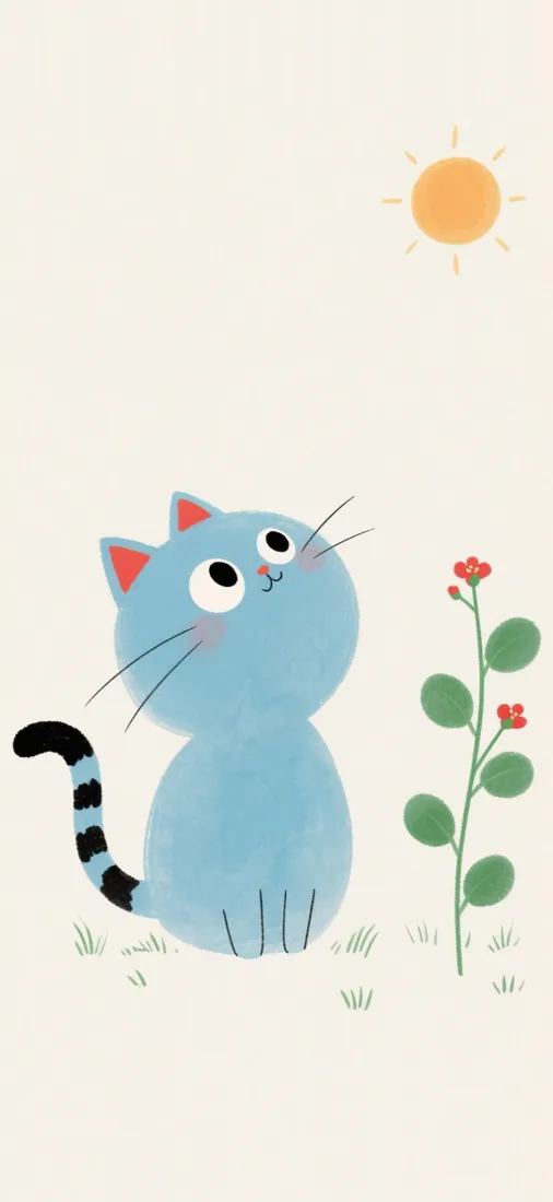 蓝色卡通小猫手机壁纸｜花草太阳背景图片 - 可爱治愈「哲风壁纸」