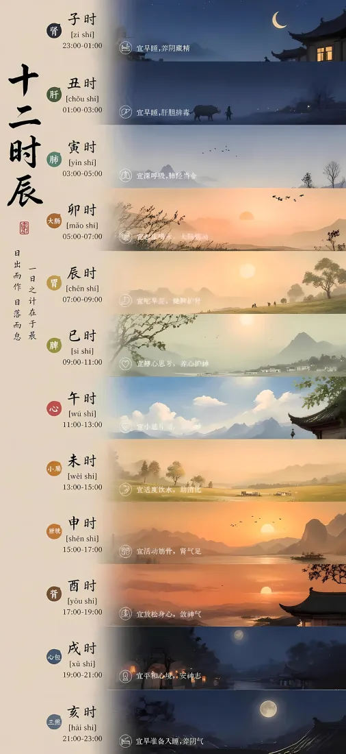 十二时辰手机壁纸｜国风山水背景图片 - 趣味卡通插画「哲风壁纸」