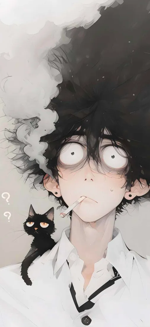 黑发二次元少年手机壁纸｜小黑猫白衬衫背景图片 - 手绘插画「哲风壁纸」