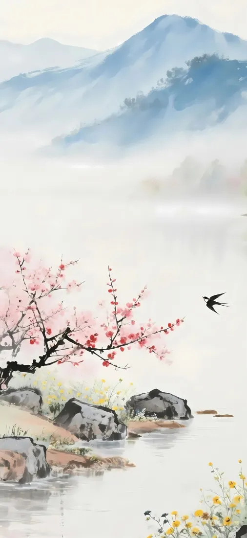 古风山水手机壁纸｜桃花江景背景图片 - 春日国风「哲风壁纸」