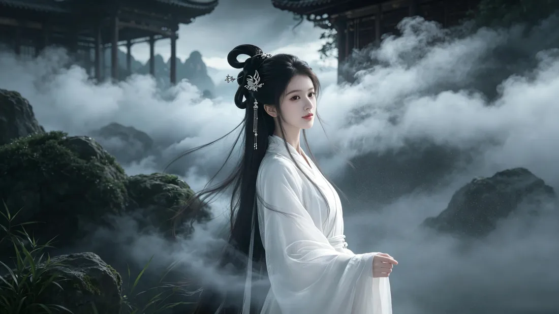 3k清冷白衣古风美女壁纸｜云海仙山古建筑背景图片 - 仙侠氛围感「哲风壁纸」