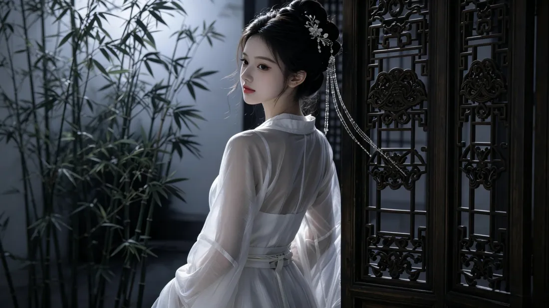 3k古风白衣美女壁纸｜竹林古窗背景图片 - 清冷氛围感写真「哲风壁纸」