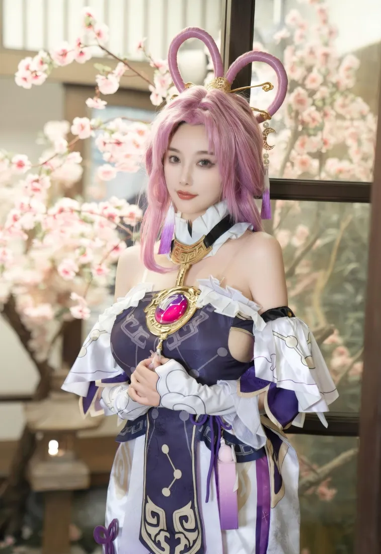 符玄cos手机壁纸｜樱花庭院背景图片 - 性感粉发美女模特「哲风壁纸」