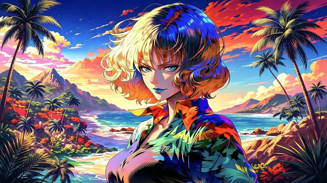 3k动漫少女壁纸｜海边日落背景图片 - 热带椰树插画「哲风壁纸」