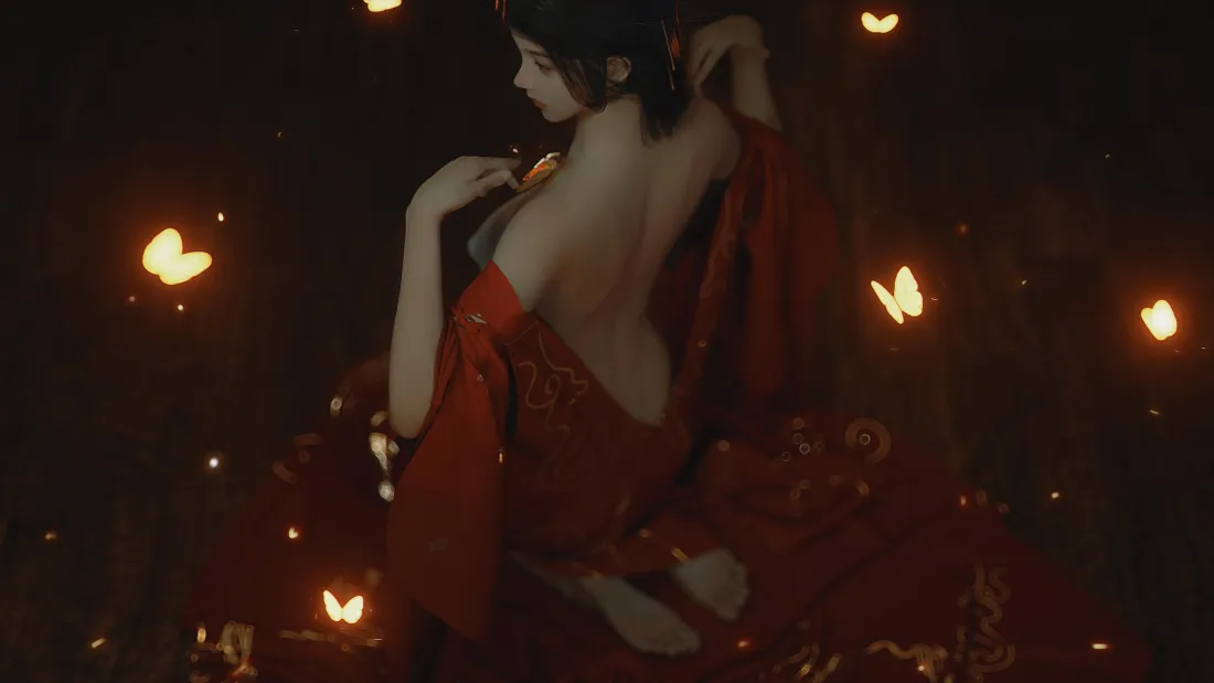 5k露背红衣少女壁纸｜发光蝴蝶背景图片 - 氛围感人像「哲风壁纸」