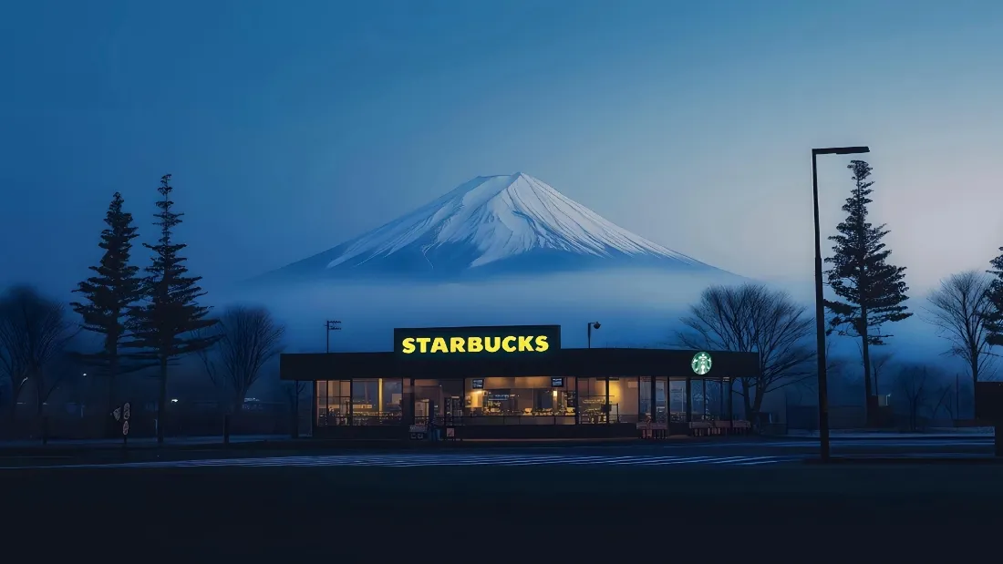 2k富士山壁纸｜星巴克门店背景图片 - 蓝调静谧街景「哲风壁纸」