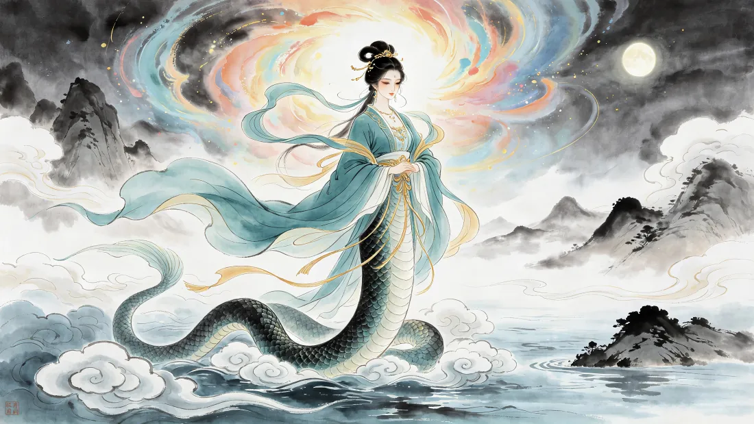 4k女娲壁纸｜水墨山水背景图片 - 国风神话神女「哲风壁纸」