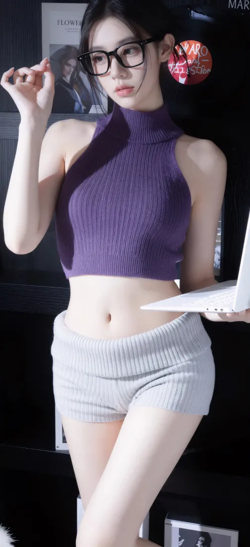 眼镜美女手机壁纸｜紫色上衣背景图片 - 时尚居家人像「哲风壁纸」