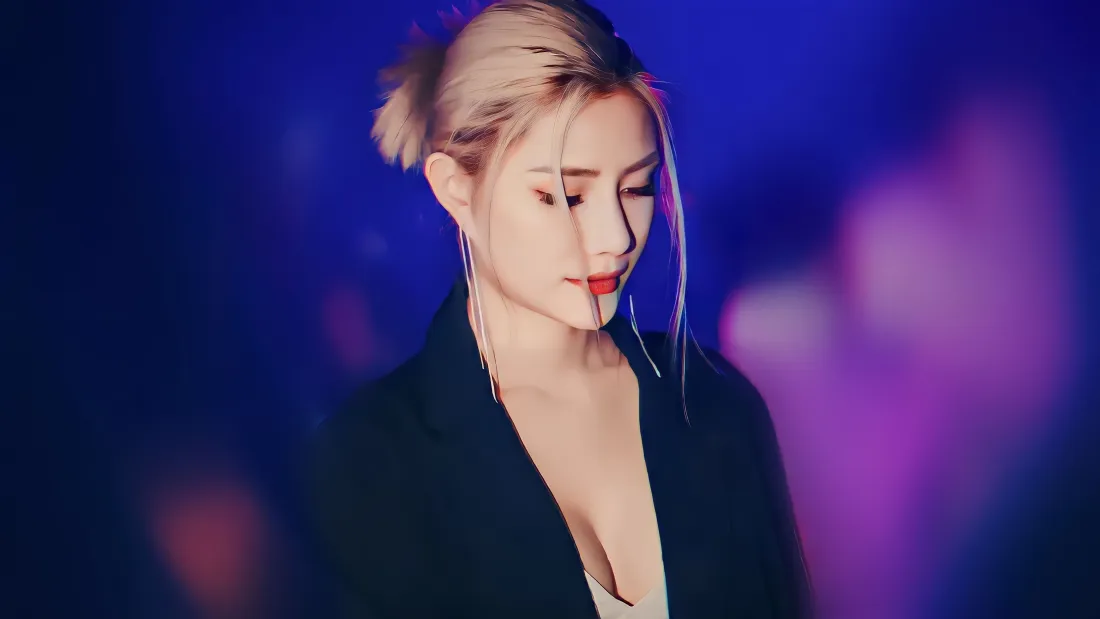 4k金发丸子头美女壁纸｜蓝紫光斑背景图片 - 时尚氛围感自拍「哲风壁纸」