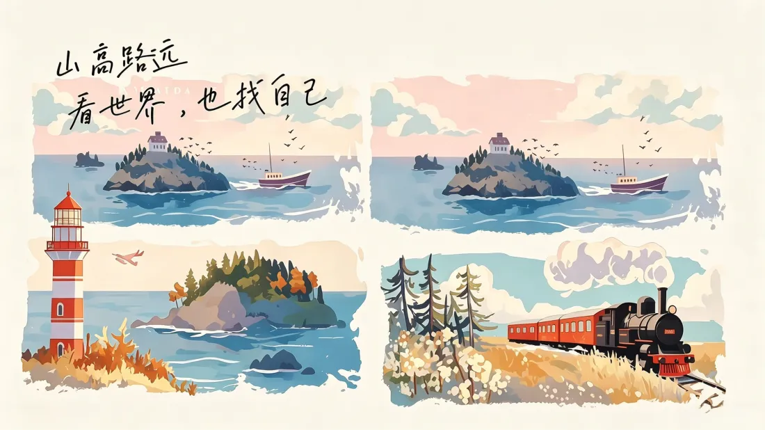 3k治愈手绘插画壁纸｜山海列车灯塔背景图片 - 清新文艺风格「哲风壁纸」