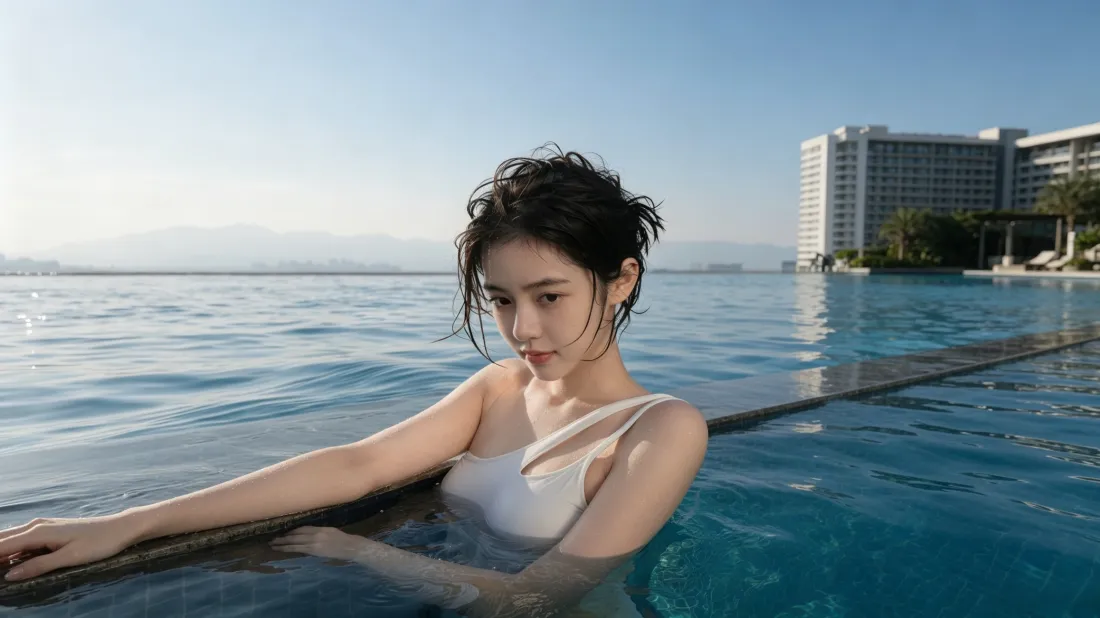 3k泳池美女壁纸｜滨海度假酒店无边泳池背景图片 - 夏日清新休闲「哲风壁纸」