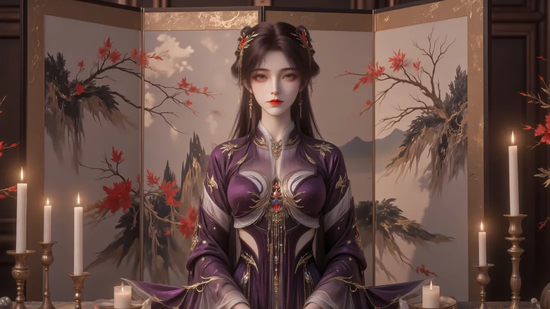 6k火灵儿壁纸｜古风屏风蜡烛背景图片 - 完美世界角色「哲风壁纸」