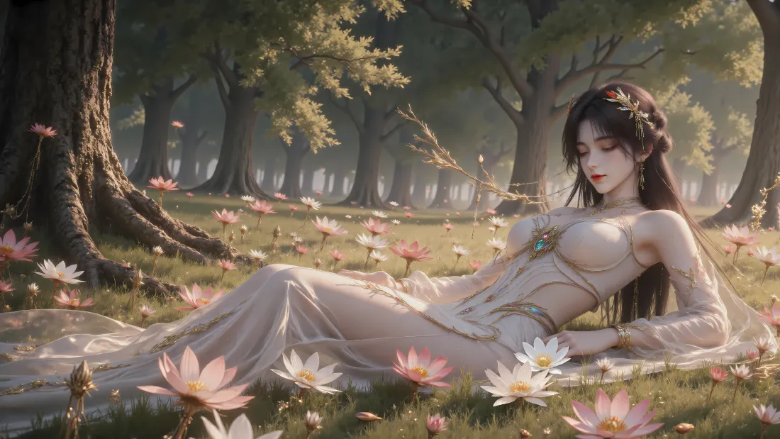 6k火灵儿壁纸｜林间莲花草地背景图片 - 完美世界动漫角色「哲风壁纸」