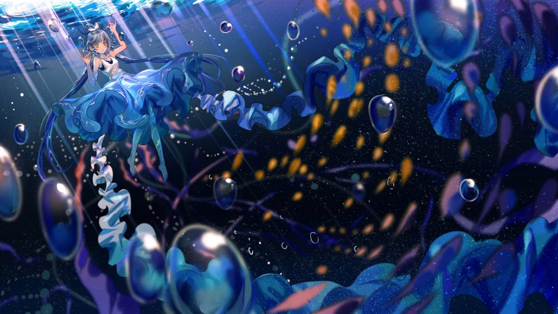 3k洛天依壁纸｜蓝色气泡背景图片 - VCP二次元插画「哲风壁纸」