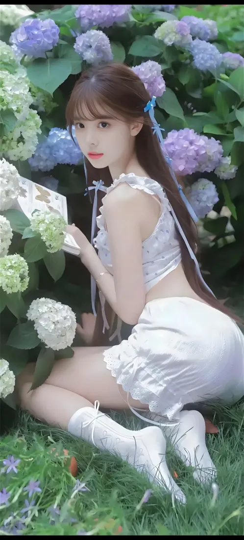 纯欲少女手机壁纸｜绣球花丛背景图片 - 夏日户外清新人像「哲风壁纸」