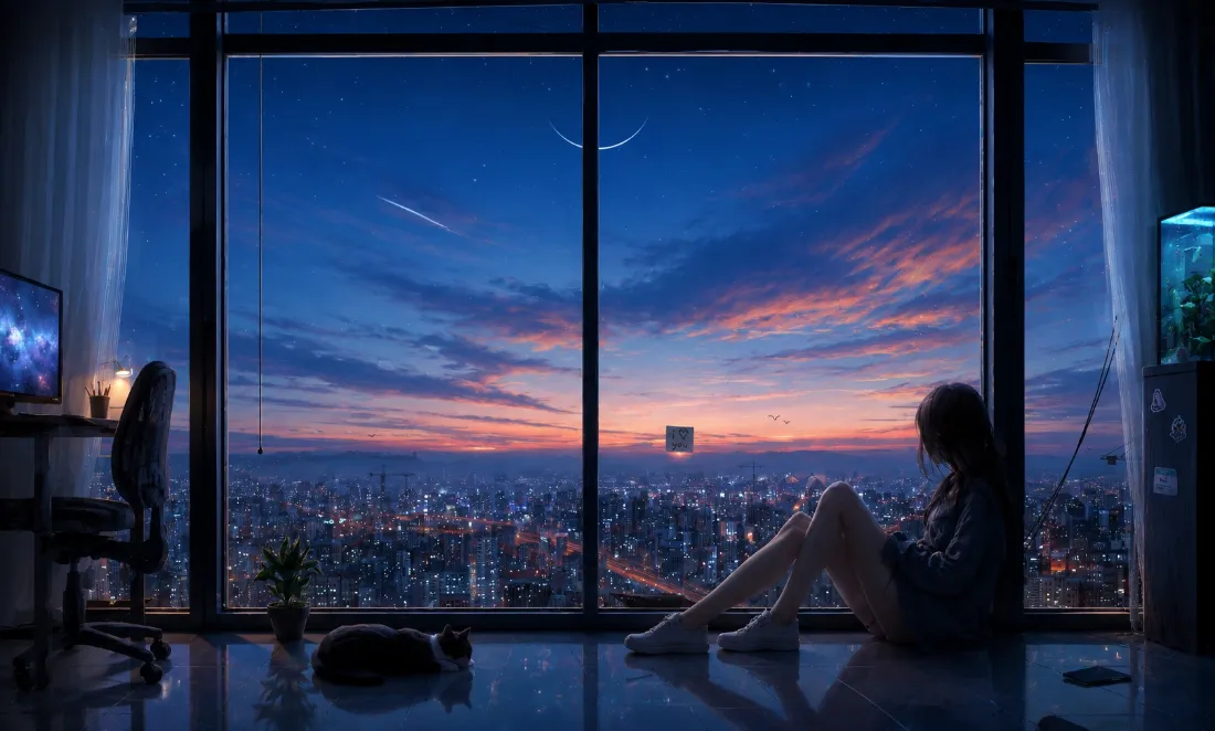 2k城市晚霞夜景壁纸｜高层落地窗看城景背景图片 - 治愈休闲氛围「哲风壁纸」