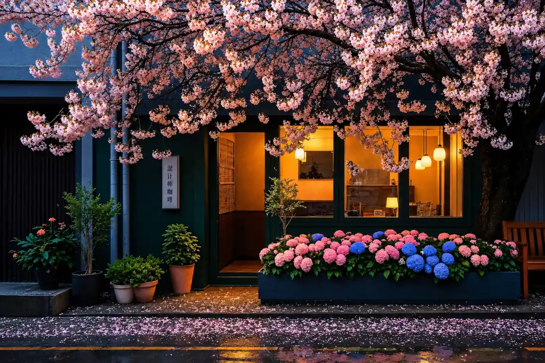 2k春日樱花壁纸｜临街小店背景图片 - 静谧治愈街景「哲风壁纸」