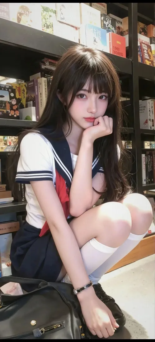 jk少女手机壁纸｜室内书店背景图片 - 甜美水手服写真「哲风壁纸」