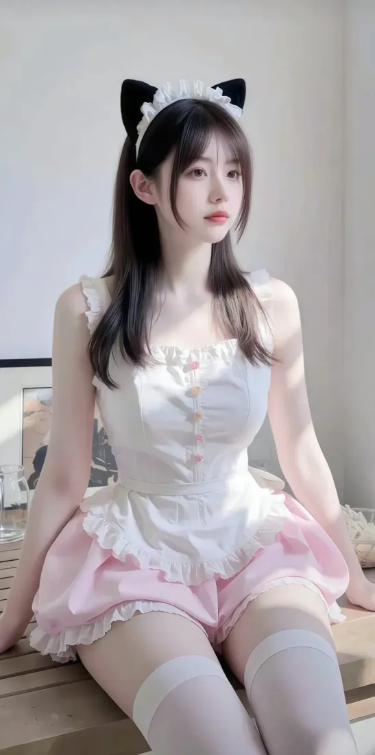 清纯少女手机壁纸｜猫耳女仆装居家背景图片 - 白皙软萌「哲风壁纸」