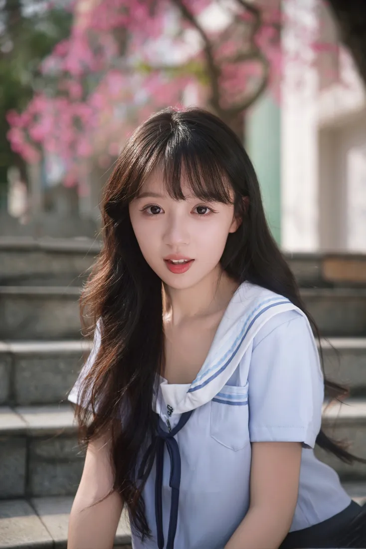 水手服少女手机壁纸｜花树石阶背景图片 - 青春活力「哲风壁纸」