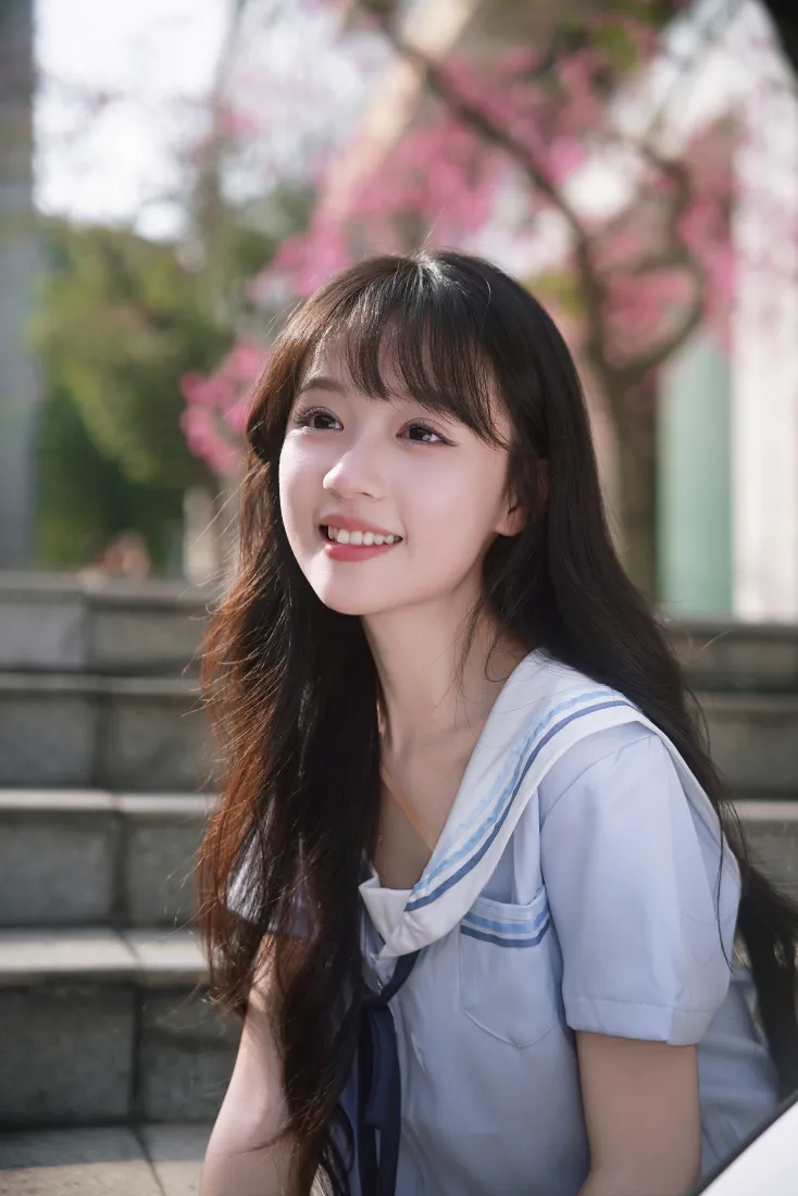 水手服少女手机壁纸｜户外花树石阶背景图片 - 青春活力「哲风壁纸」