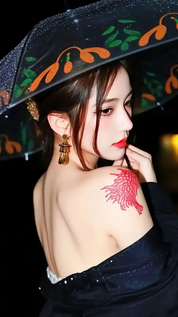 露背纹身美女手机壁纸｜夜晚打伞背景图片 - 气质人像「哲风壁纸」