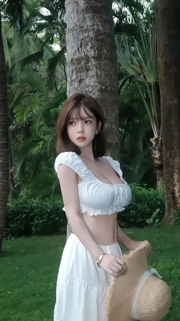 清纯美女手机壁纸｜椰林草坪背景图片 - 夏日清新人像写真「哲风壁纸」