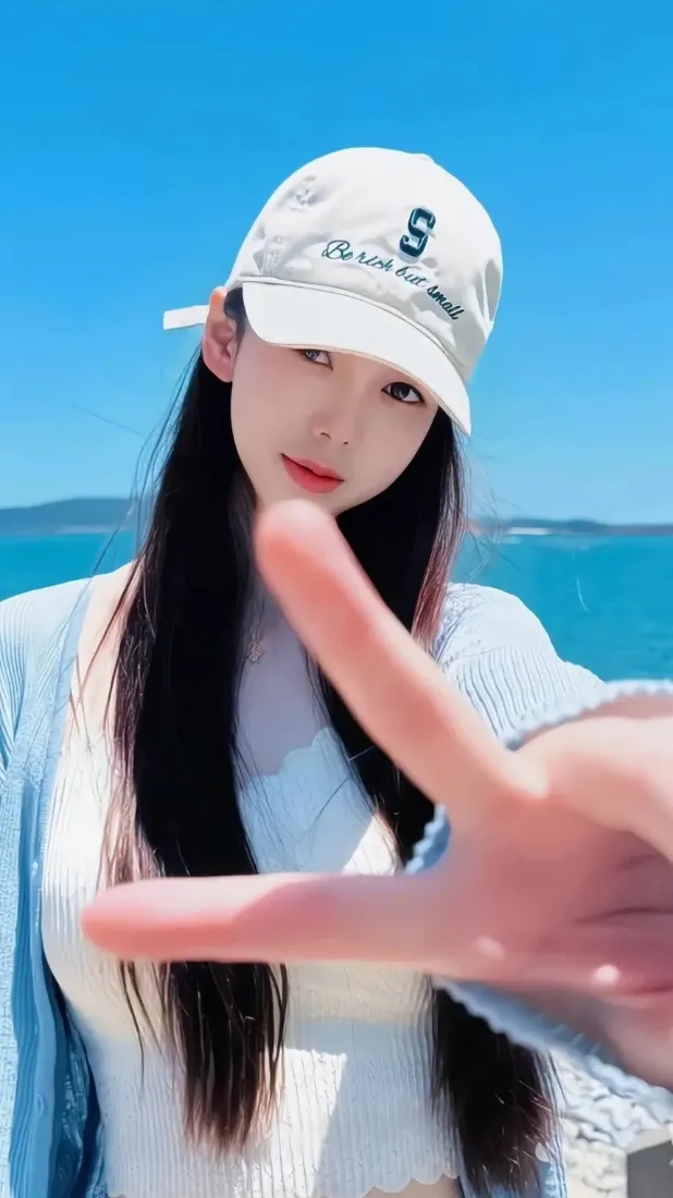棒球帽美女手机壁纸｜海边蓝天背景图片 - 夏日甜美穿搭「哲风壁纸」