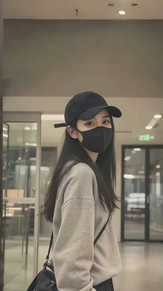 黑帽口罩美女手机壁纸｜室内休闲穿搭背景图片 - 时尚氛围感「哲风壁纸」