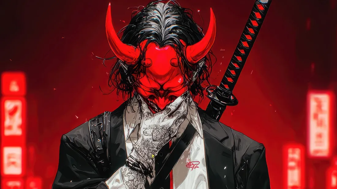 4k鬼面武士壁纸｜日式暗黑背景图片 - 武士刀西装插画「哲风壁纸」