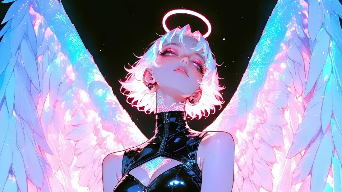 4k赛博风天使少女壁纸｜炫彩羽翼背景图片 - 二次元插画「哲风壁纸」